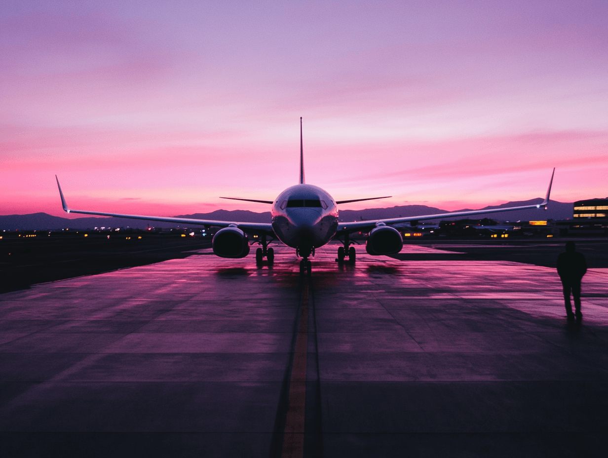 Airplane on runway at sunset.
