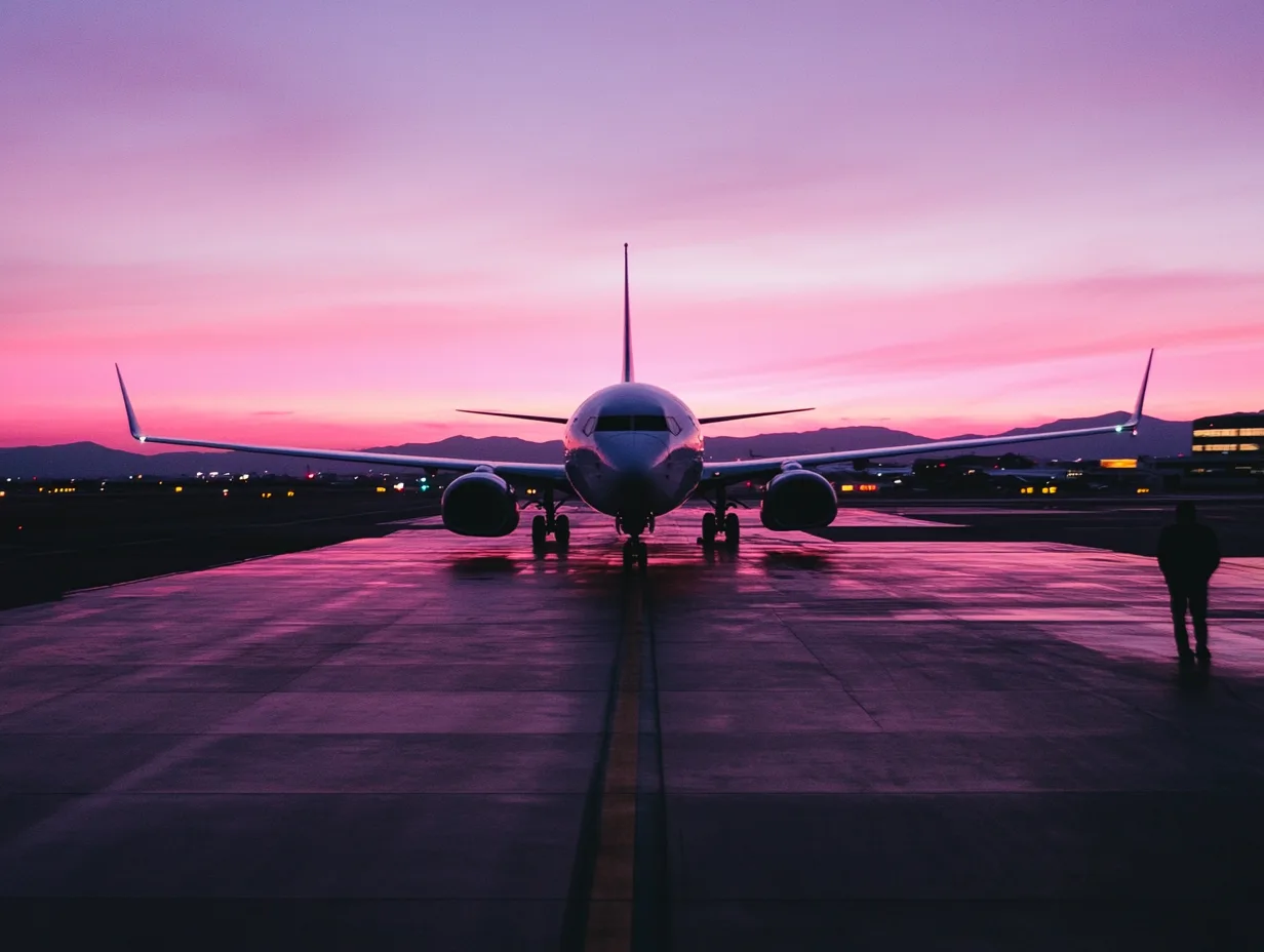 Airplane on runway at sunset.