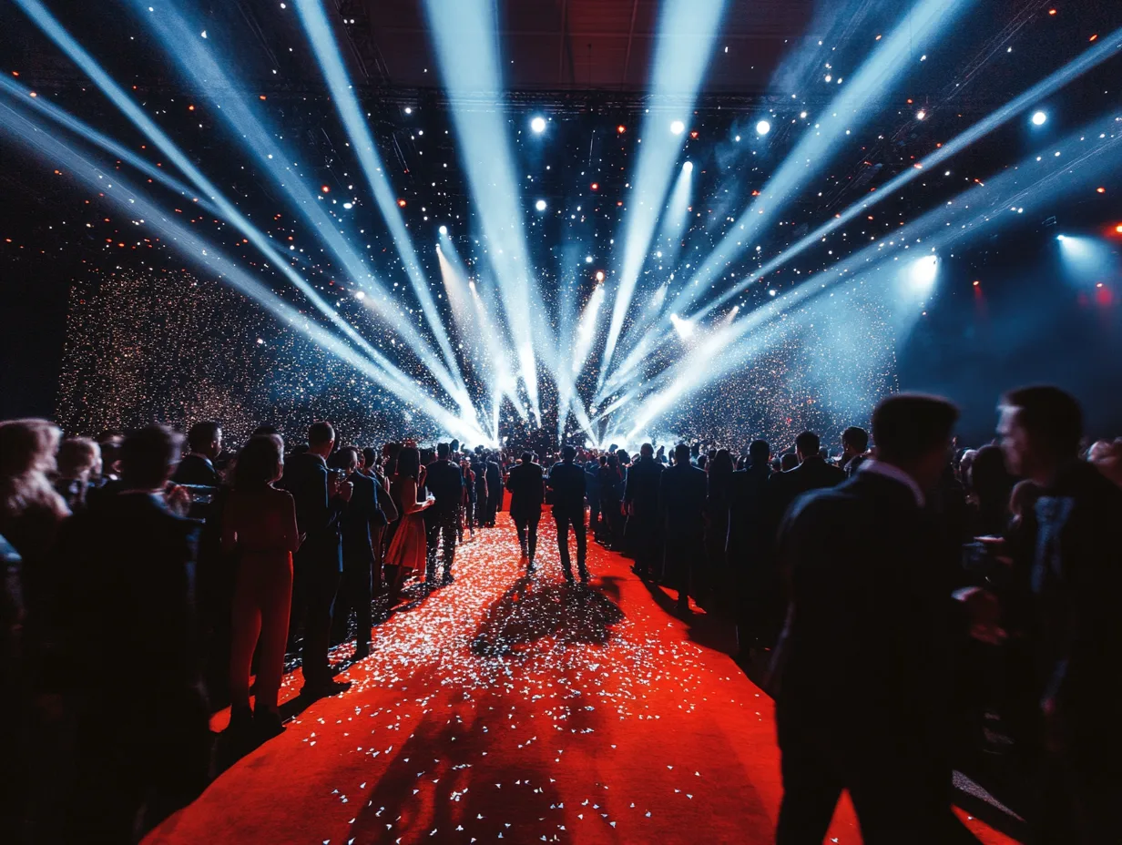 Crowd on red carpet with stage lights