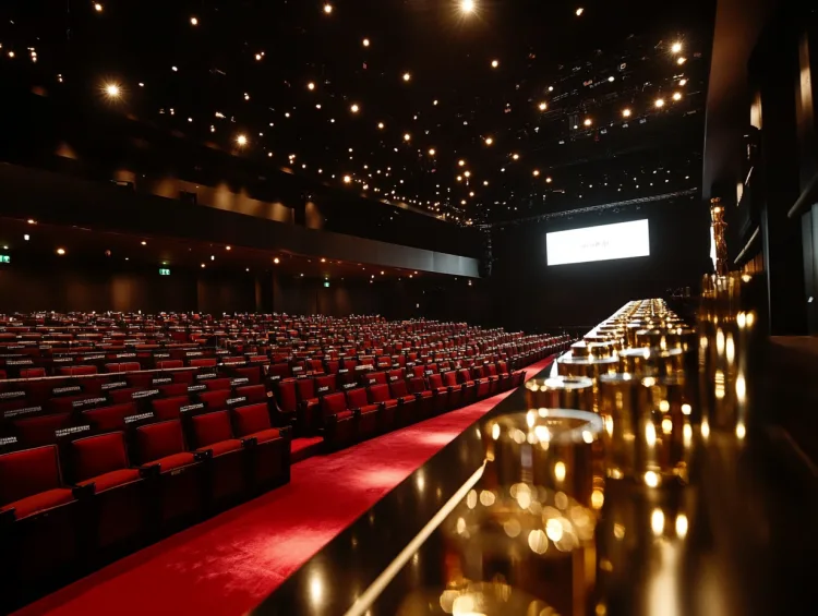 Empty theater with red seats and dim lighting