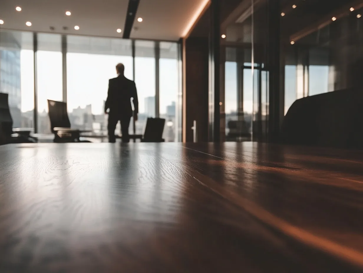 Silhouette of person standing in a conference room.
