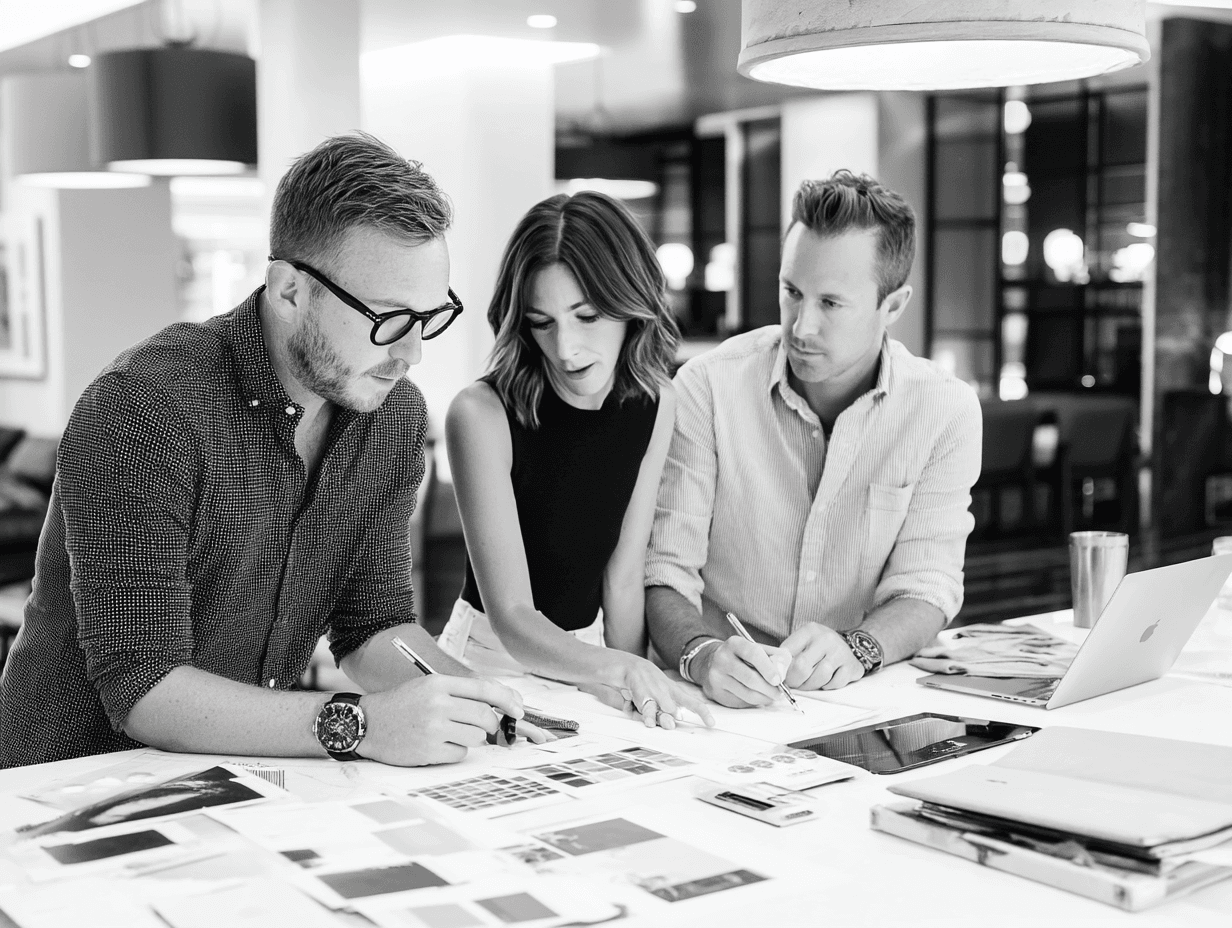 Team collaborating on design project at desk.