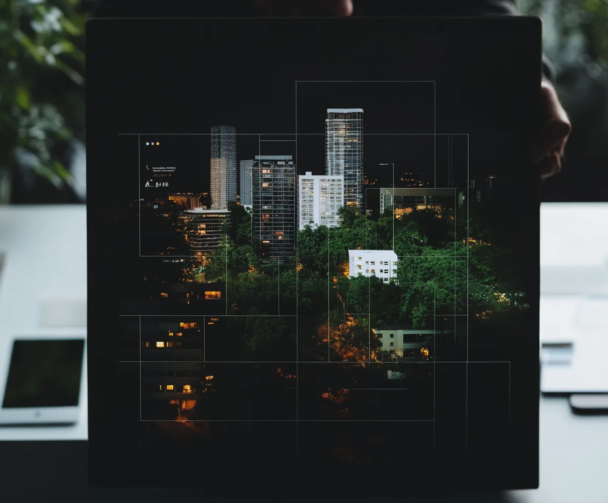 Night city skyline on computer screen