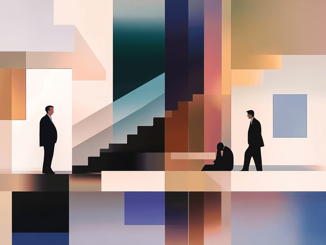 Abstract art of men in geometric setting