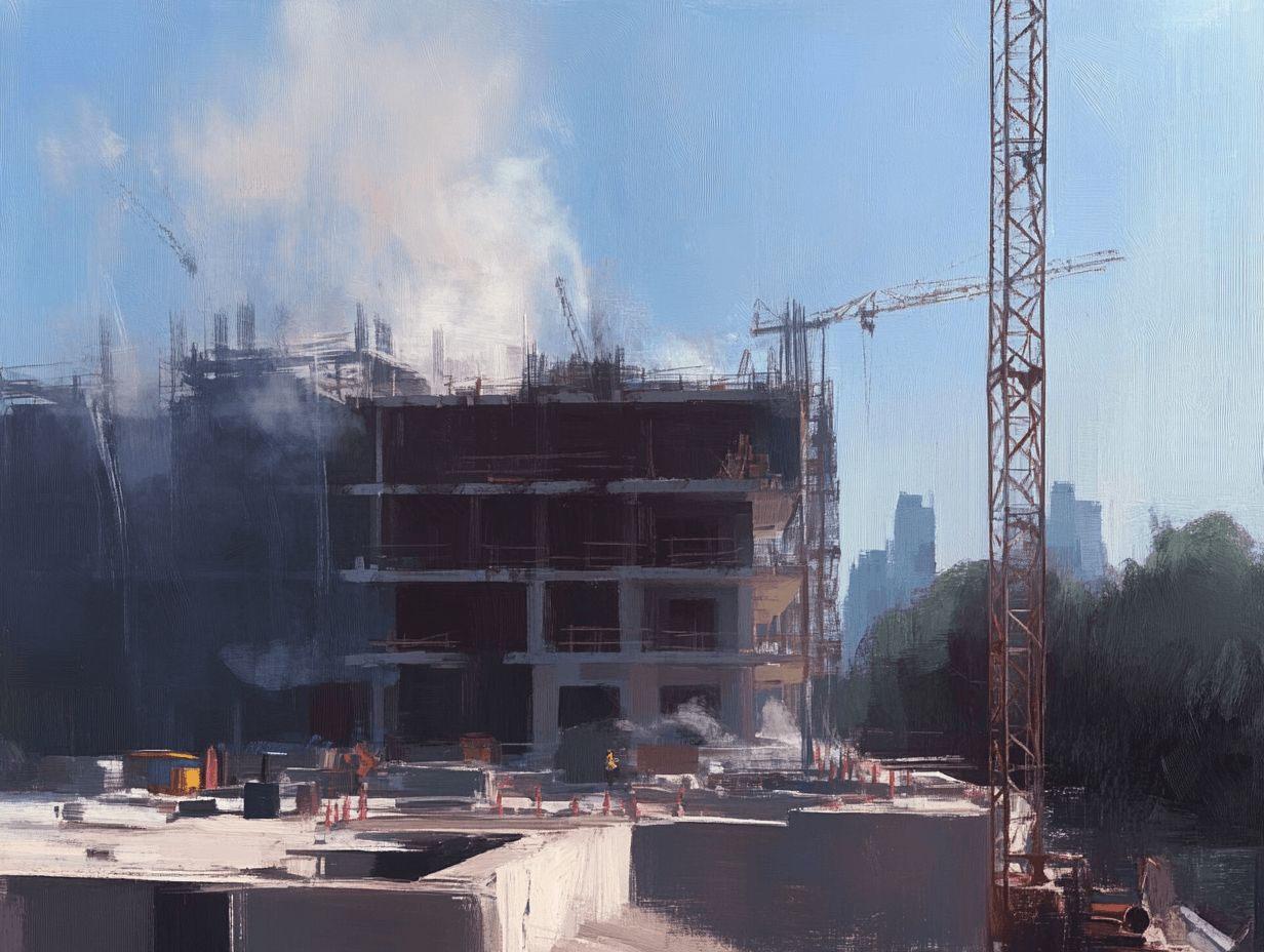 Urban construction site with cranes and building framework.
