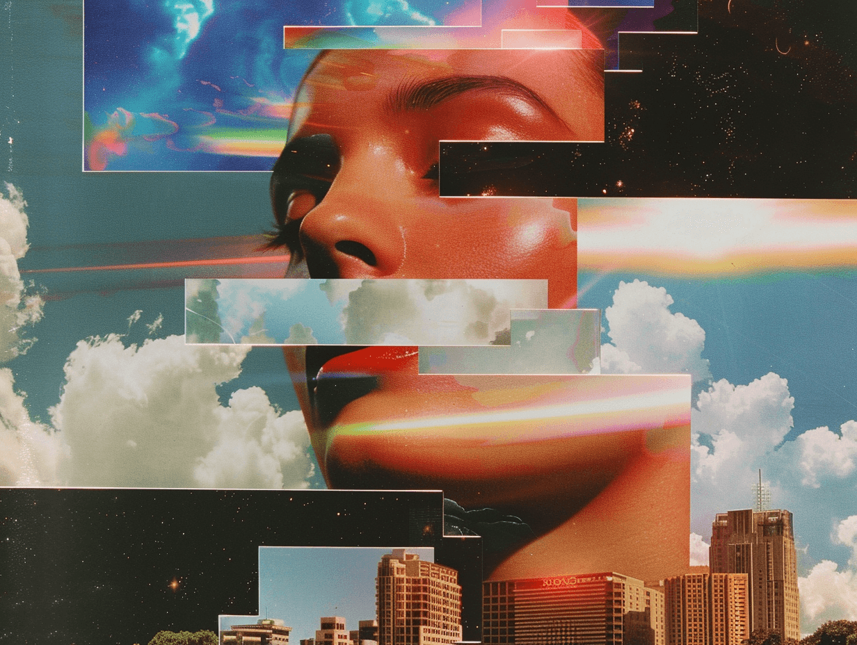 Surreal collage of face, clouds, cityscape, and sky.