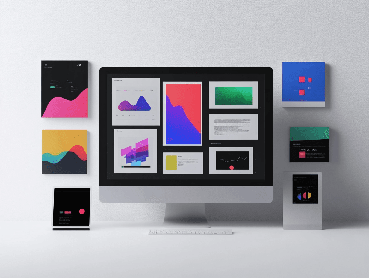 Colorful abstract designs on computer and wall display.