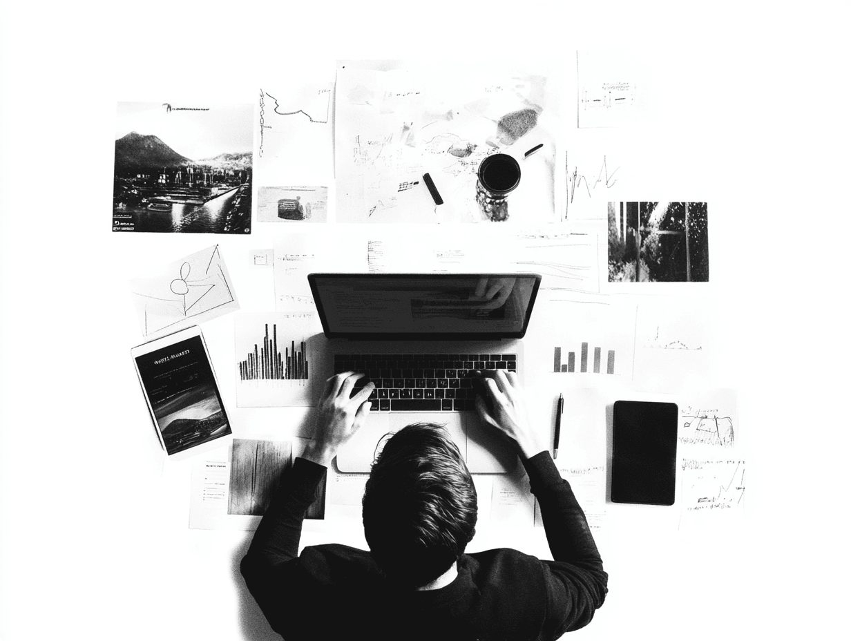 Person working on laptop surrounded by documents.