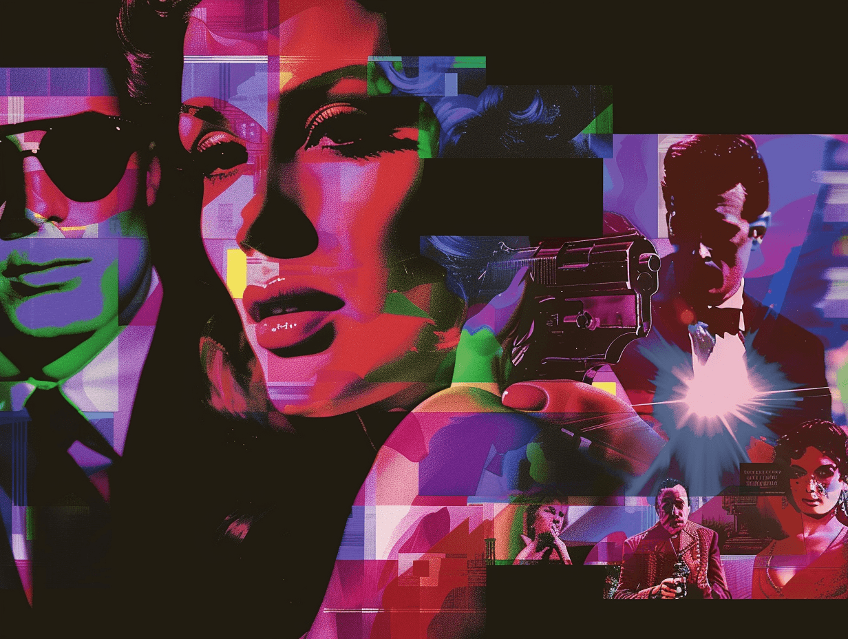 Pop art style film noir collage with dramatic flair.