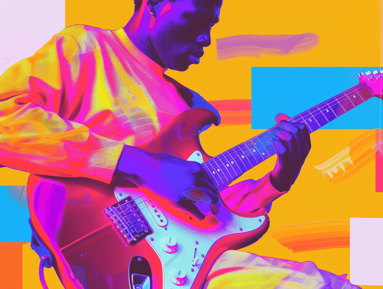 Colorful digital art of person playing electric guitar.