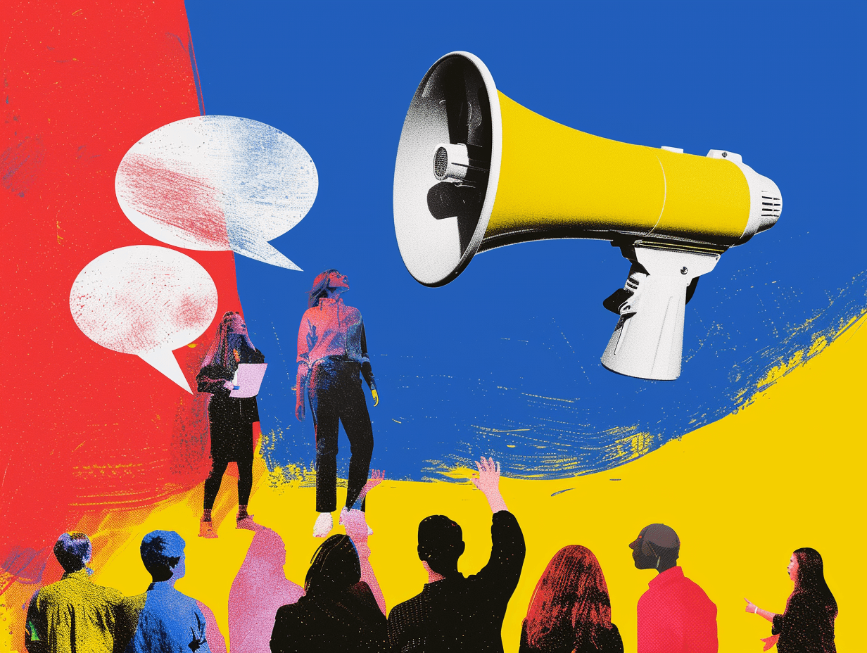 Colorful artwork with people, speech bubbles, and megaphone.