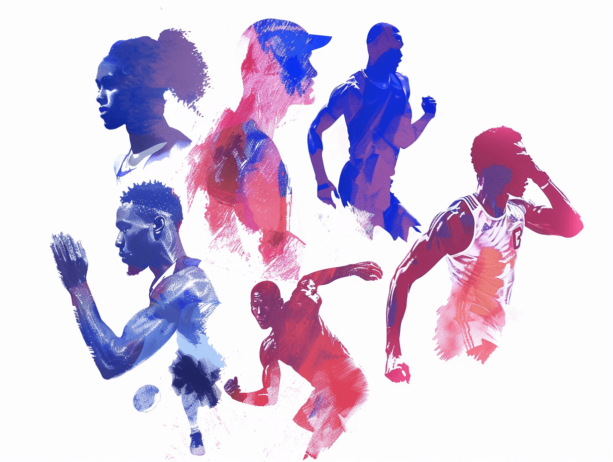 Stylized athletes in motion, dynamic sports artwork.