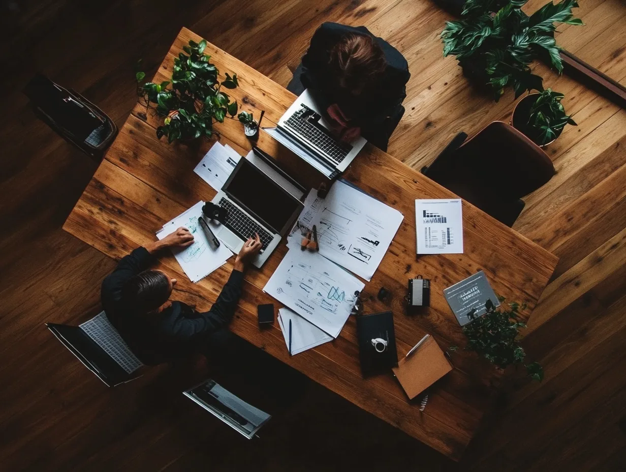 Overhead view of two people working at a table.