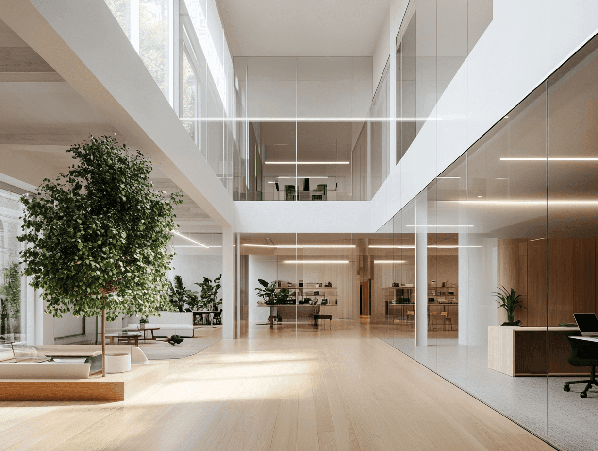 Modern open office with large windows and plants.