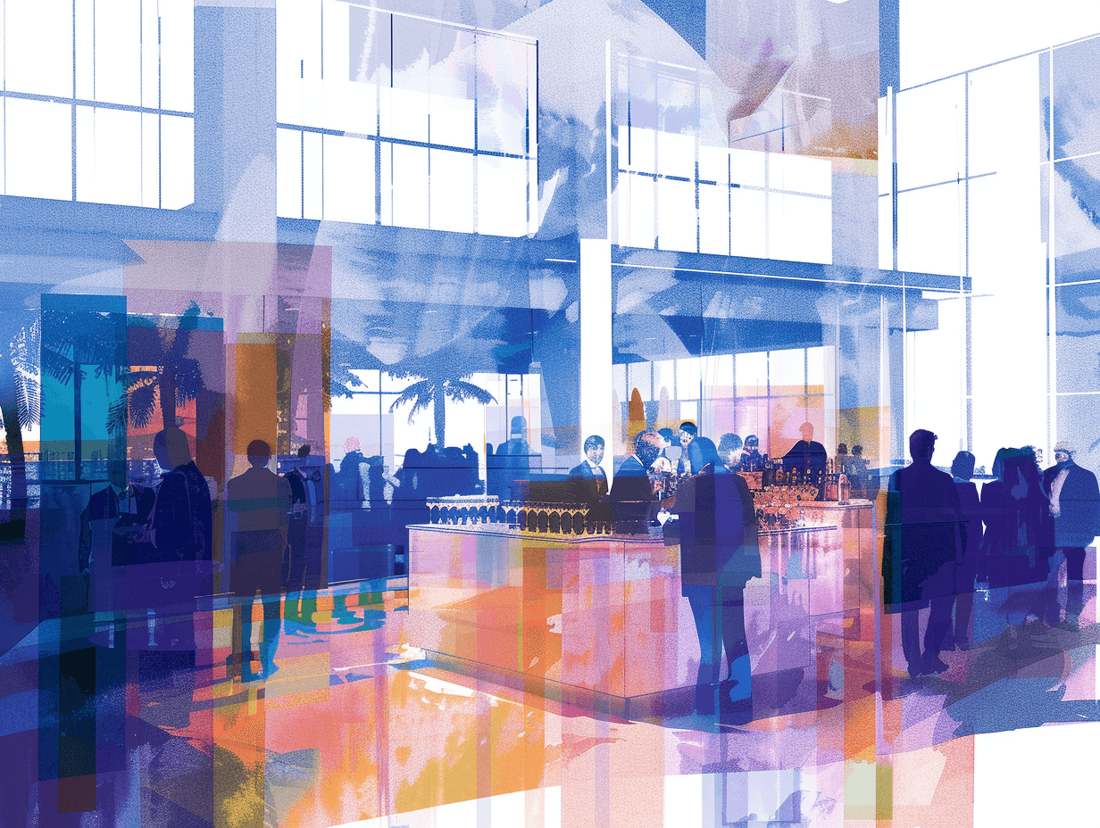 Abstract illustration of people in a colorful venue