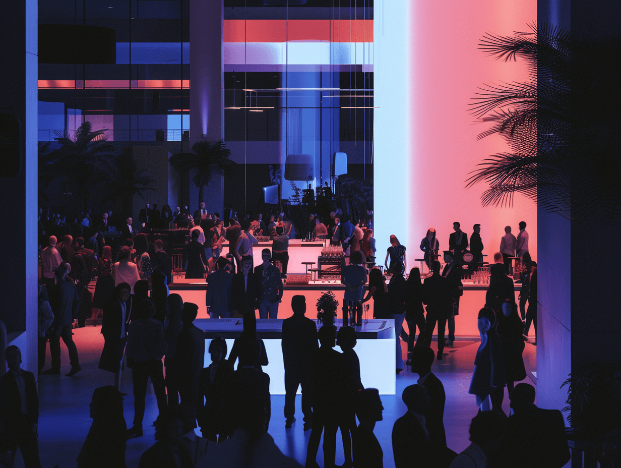 Vibrant nightlife with people socializing in modern space.