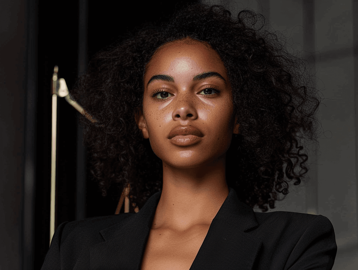 Confident person with curly hair in black blazer.