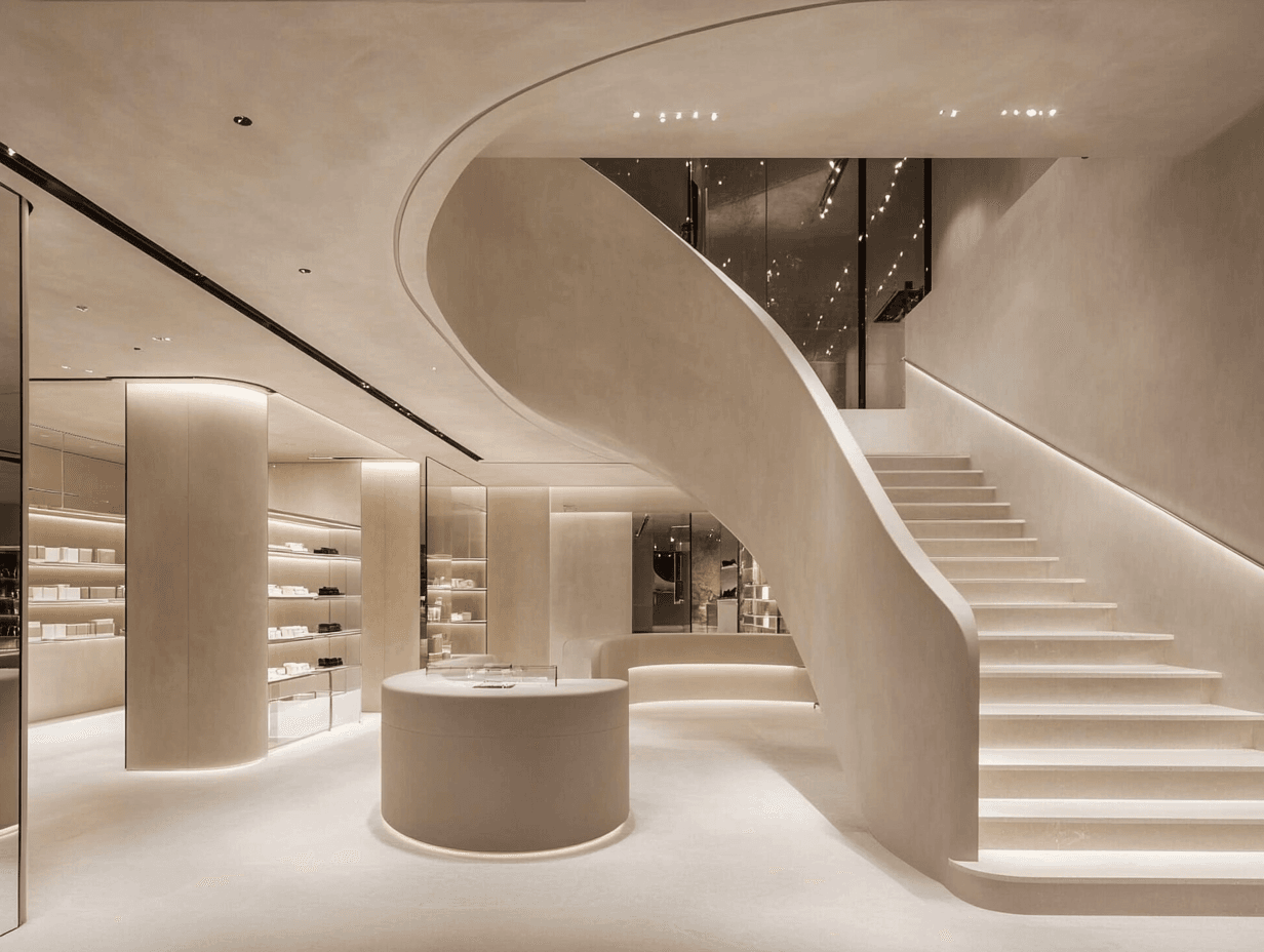Modern interior with curved staircase and elegant design.