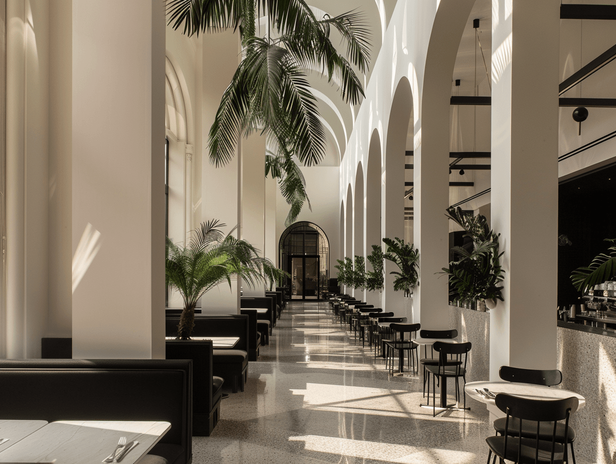 Modern restaurant interior with arches and plants.