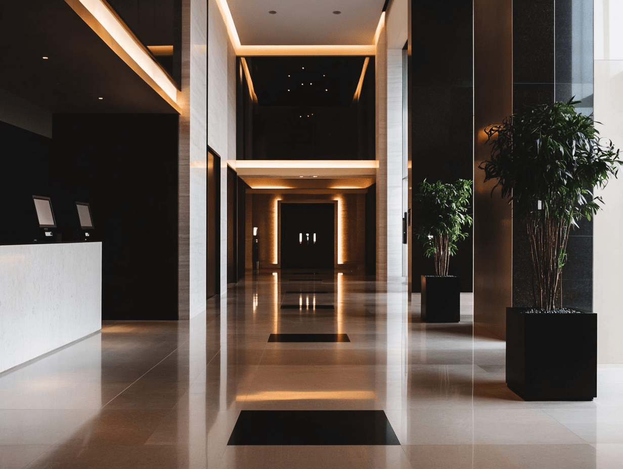 Modern hotel lobby with plants and sleek design