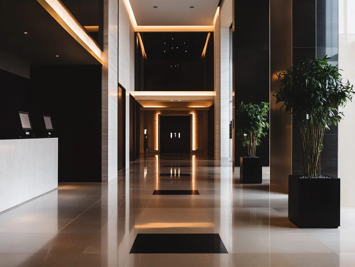 Modern hotel lobby with plants and sleek design