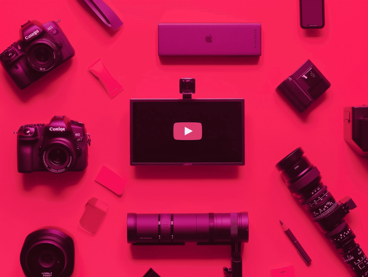 Photography equipment and YouTube logo on red background