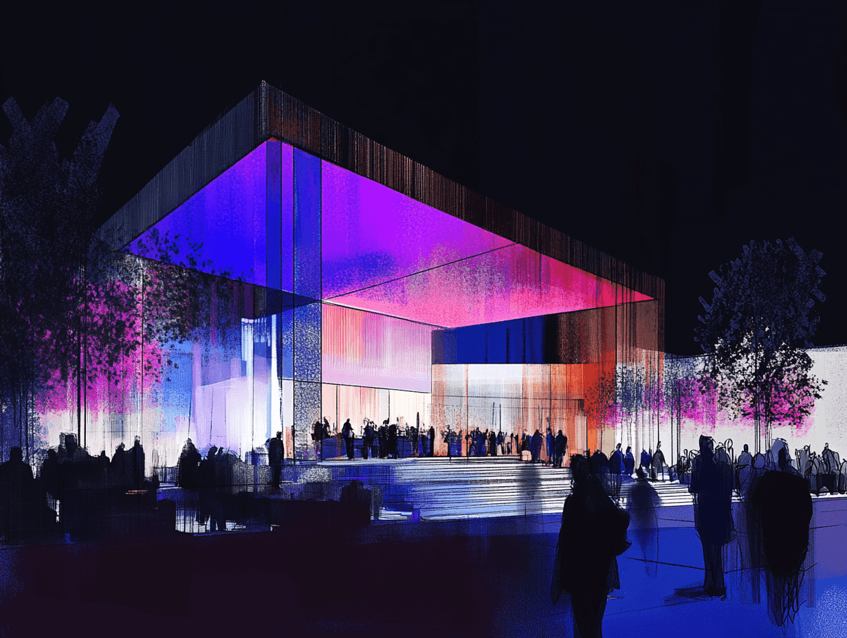 Colorful modern building with abstract lighting at night.