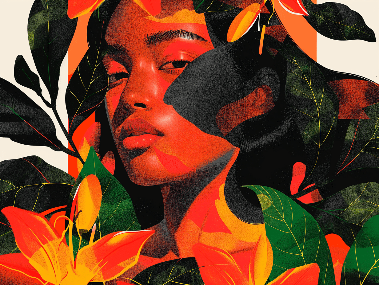 Colorful floral portrait illustration with red and orange leaves.
