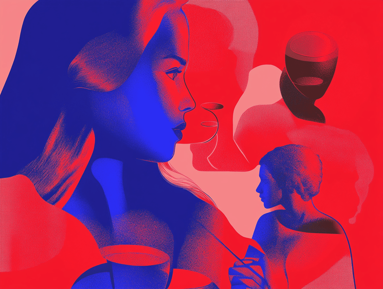 Colorful abstract illustration with human silhouettes.