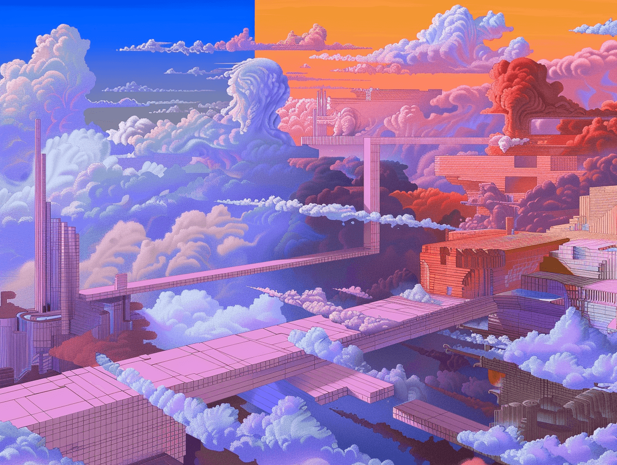 Surreal clouds with geometric structures in sky.