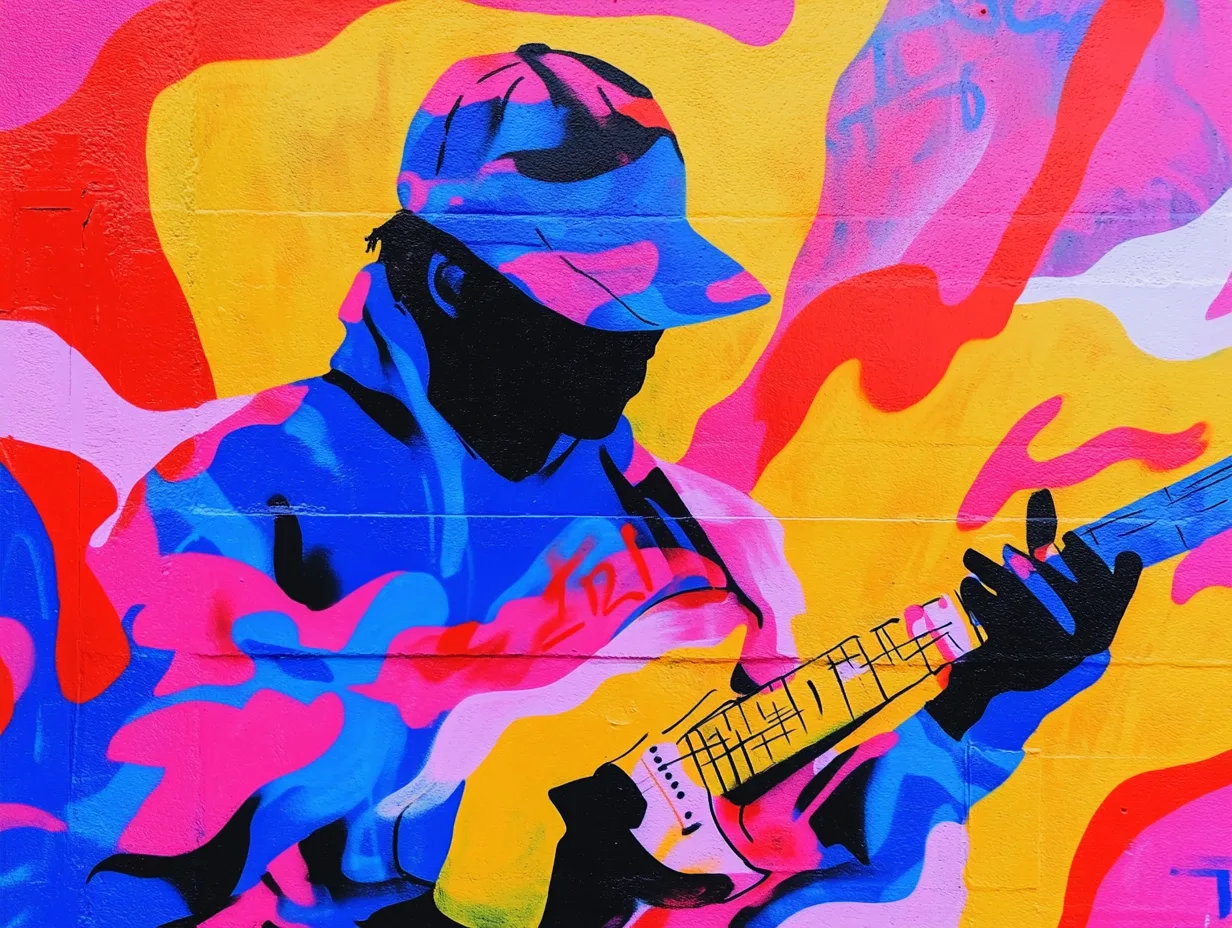 Colorful mural of man playing guitar