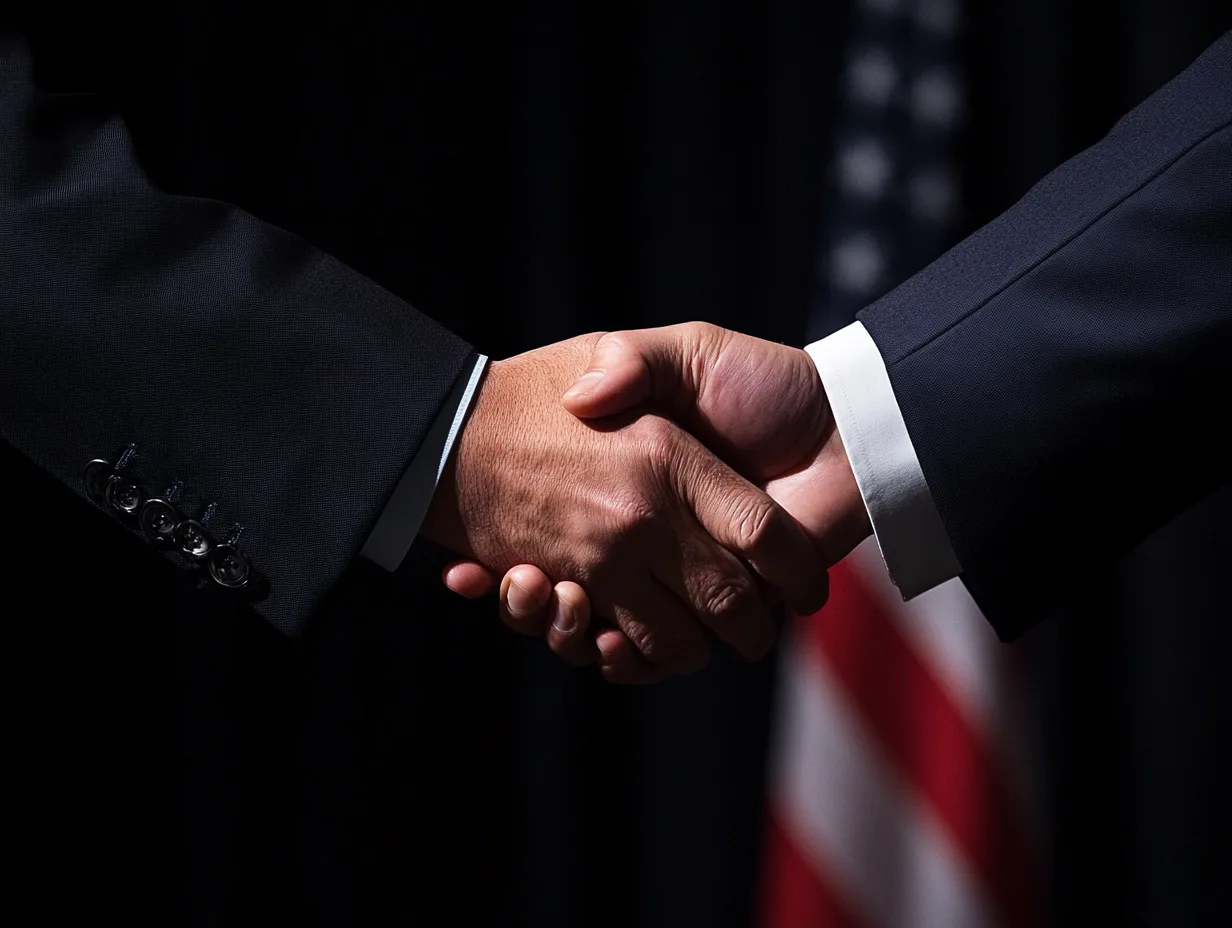 Two businessmen shaking hands in agreement.
