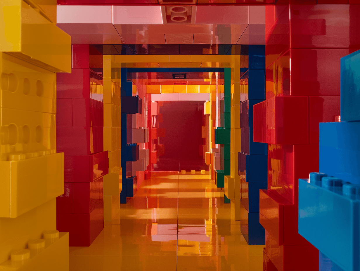 Colorful Lego brick corridor, vibrant tunnel design.