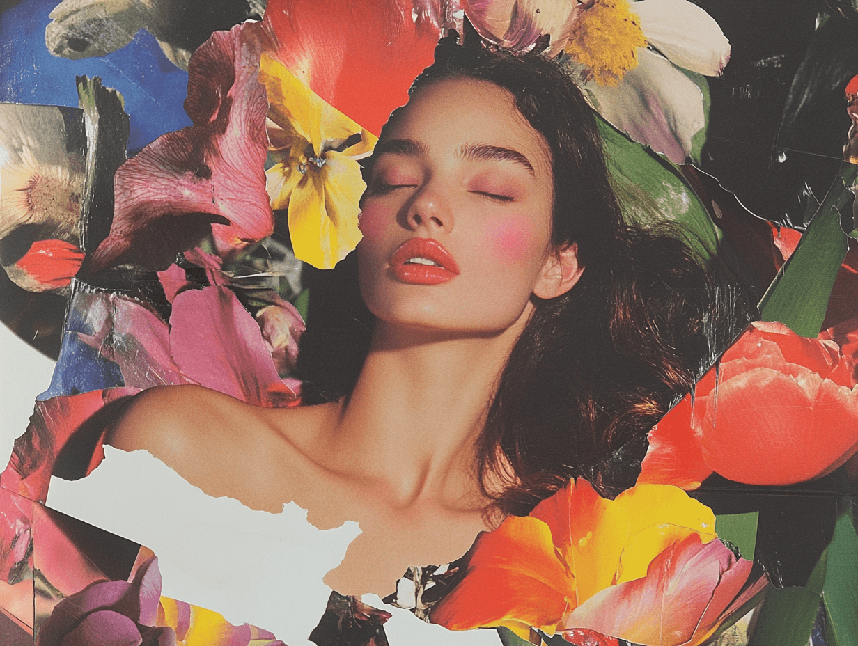 Woman with closed eyes surrounded by colorful flowers.