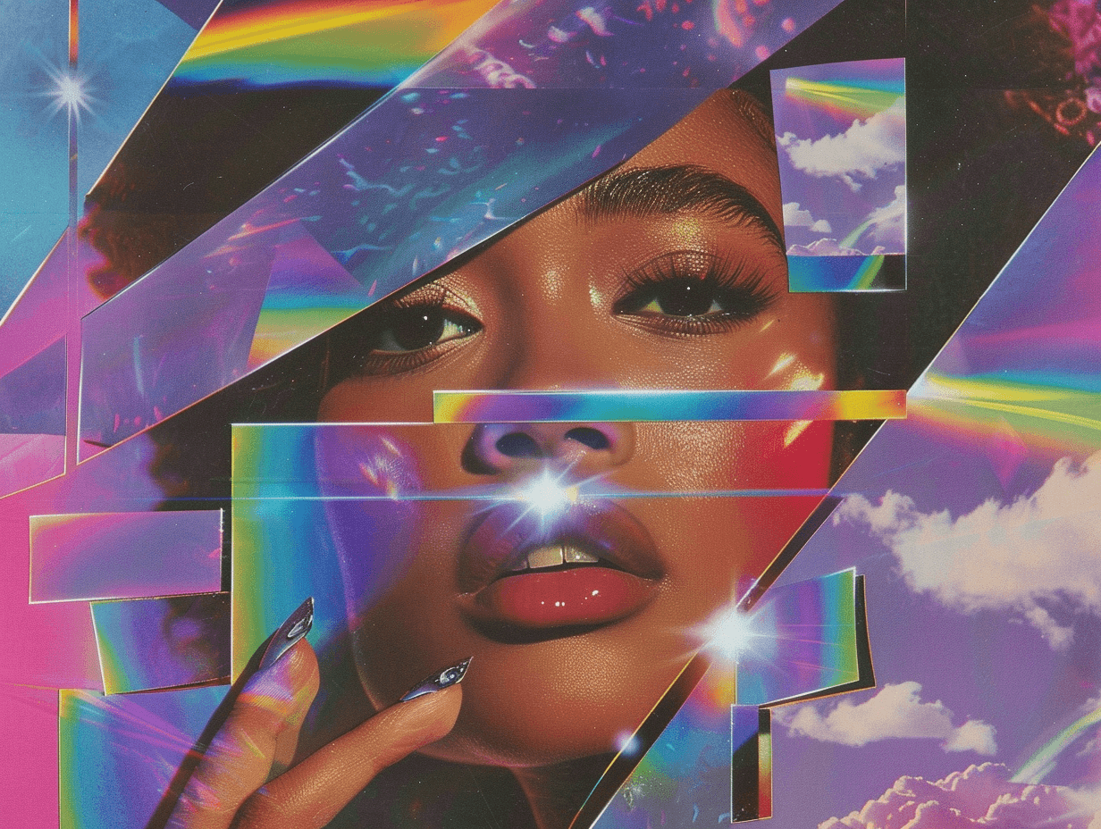 Colorful abstract collage with rainbow effects.