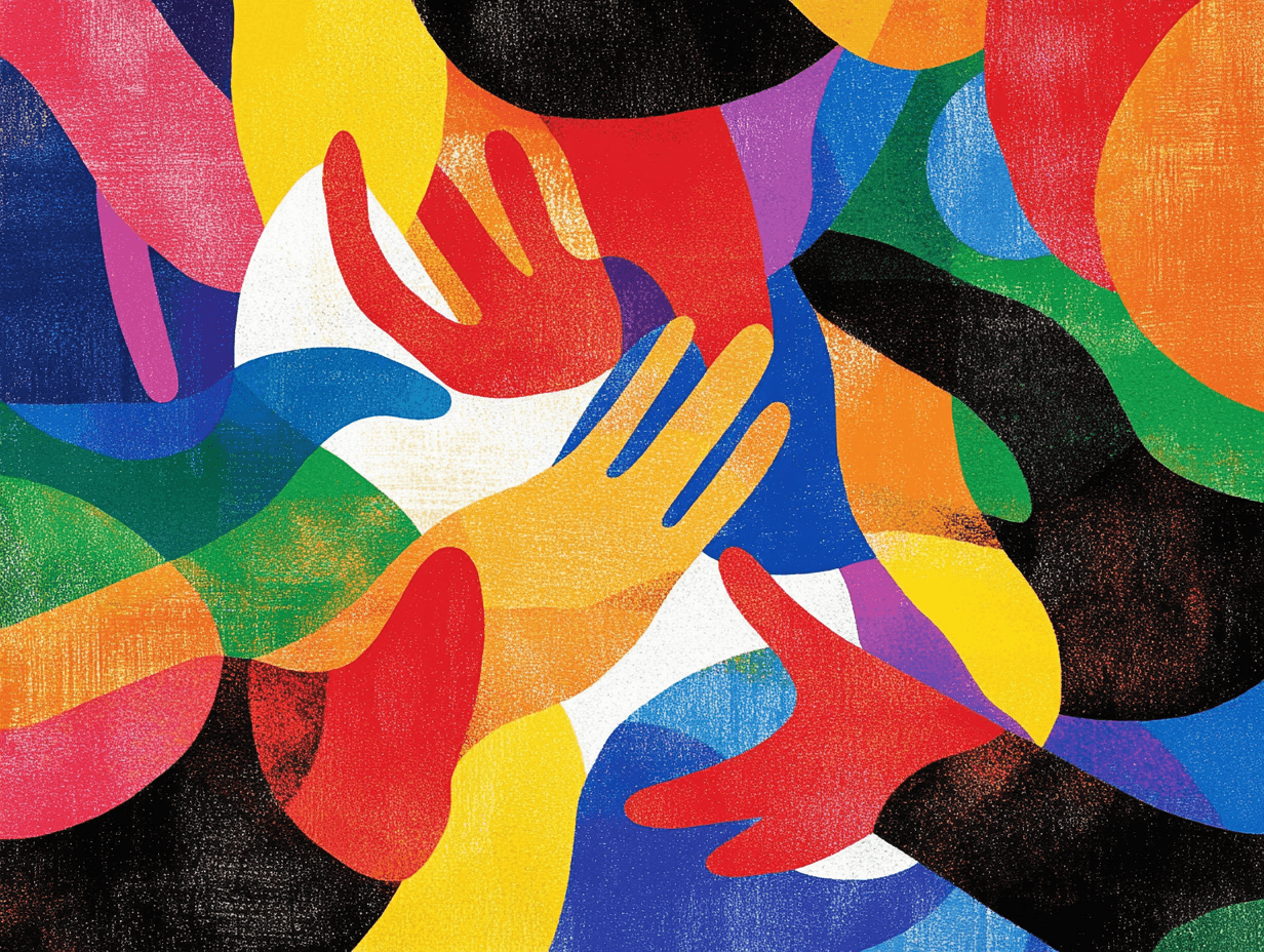 Abstract colorful hands overlapping art