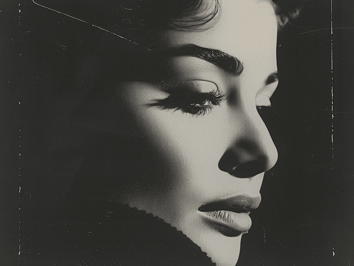 Black and white woman portrait, side profile view.