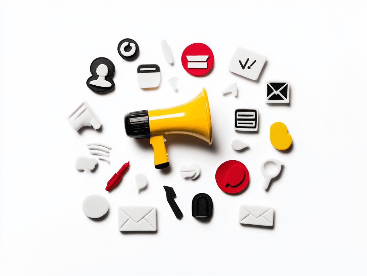 Colorful communication icons with a yellow megaphone