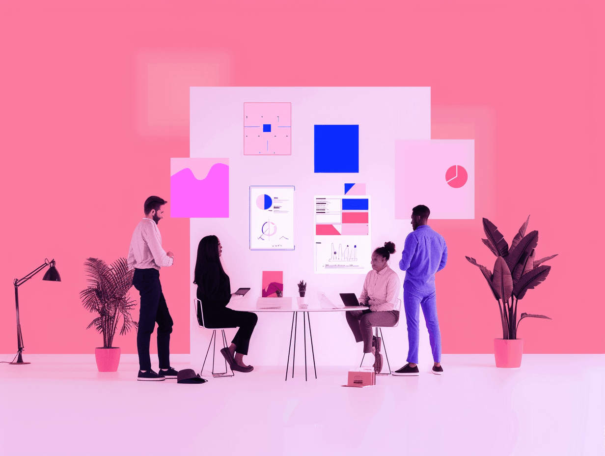 Team collaborating on project in modern office.