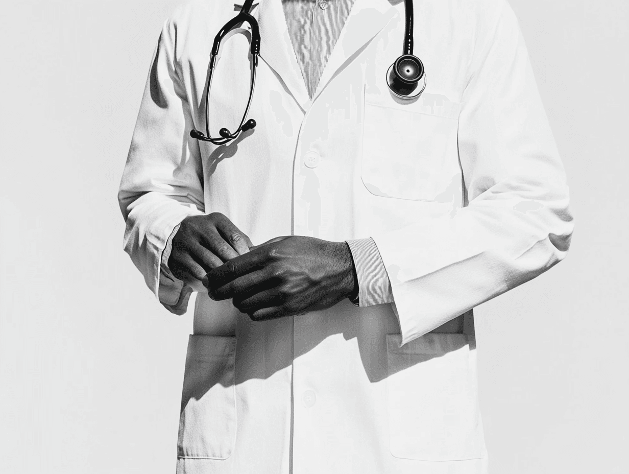 Doctor wearing stethoscope and white coat, grayscale image.