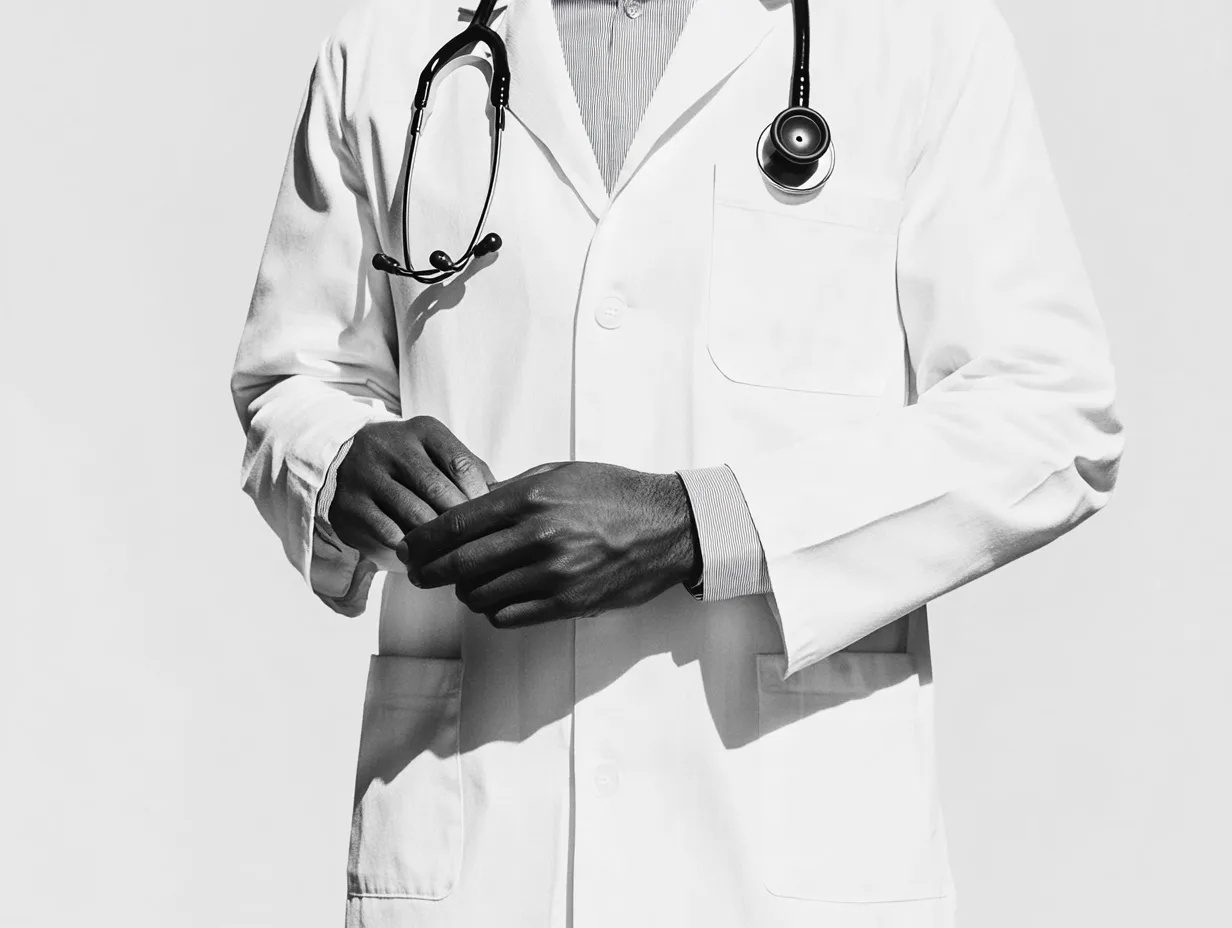 Doctor wearing stethoscope and white coat, grayscale image.