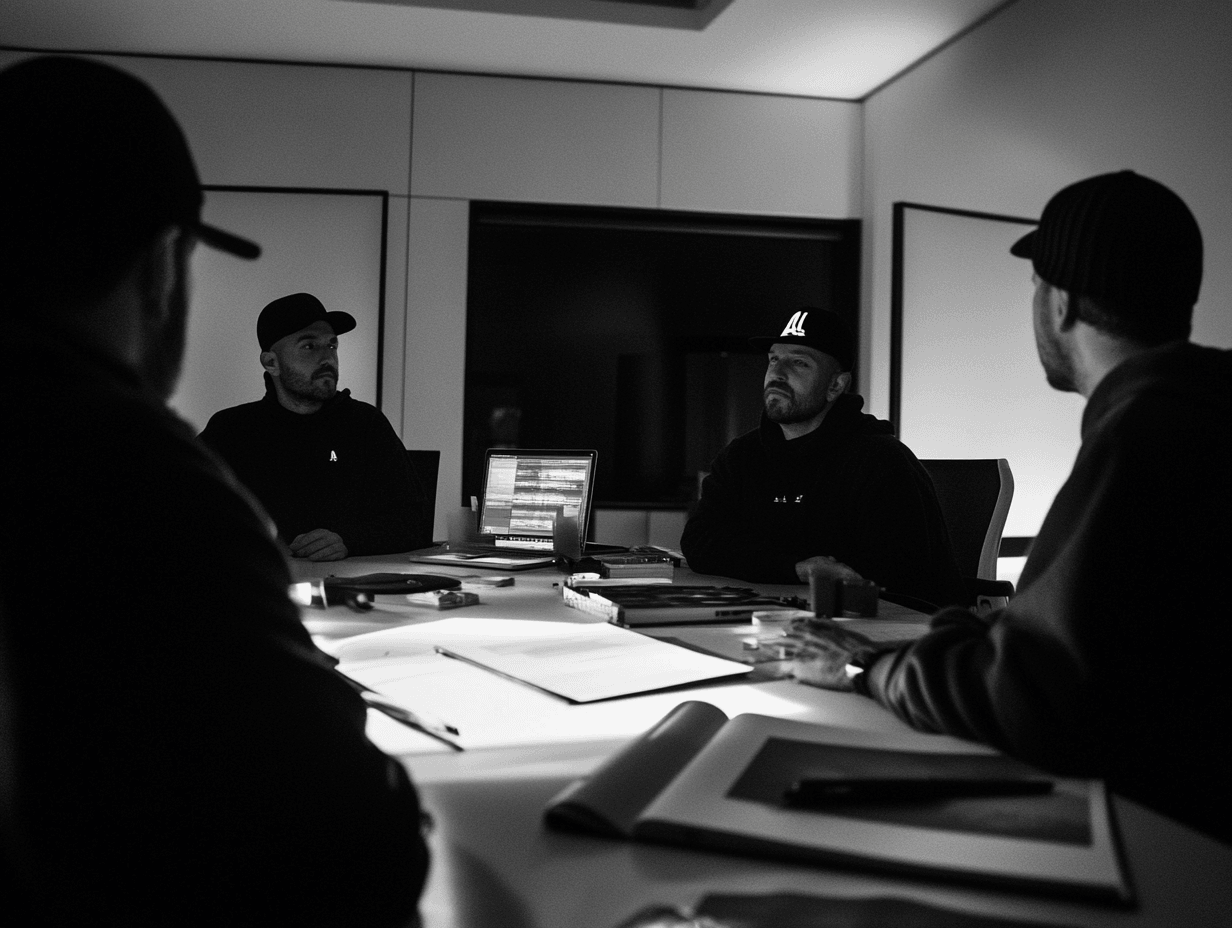 Men in hats meeting at dimly lit table.