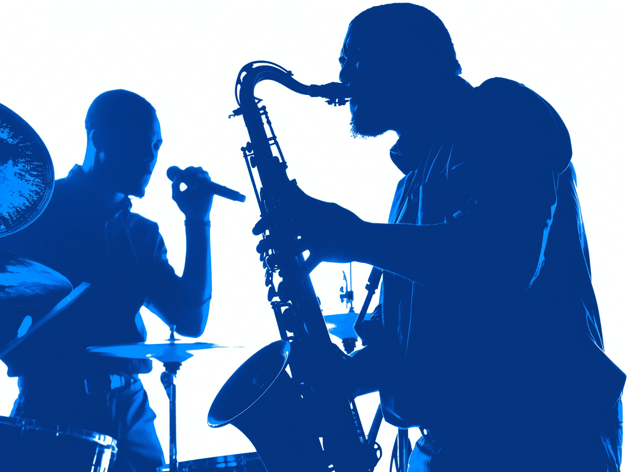 Silhouetted band playing saxophone and drums on stage.