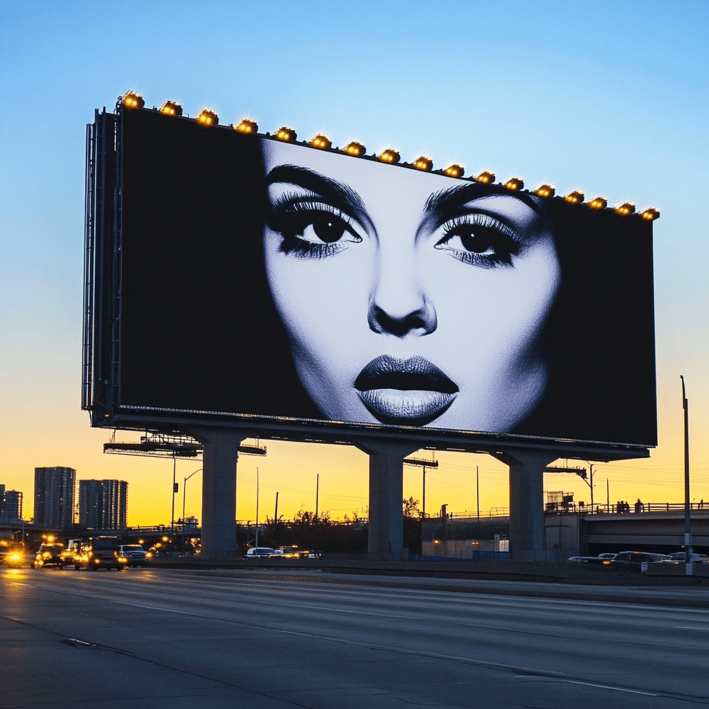 Large billboard with a monochrome face at sunset.