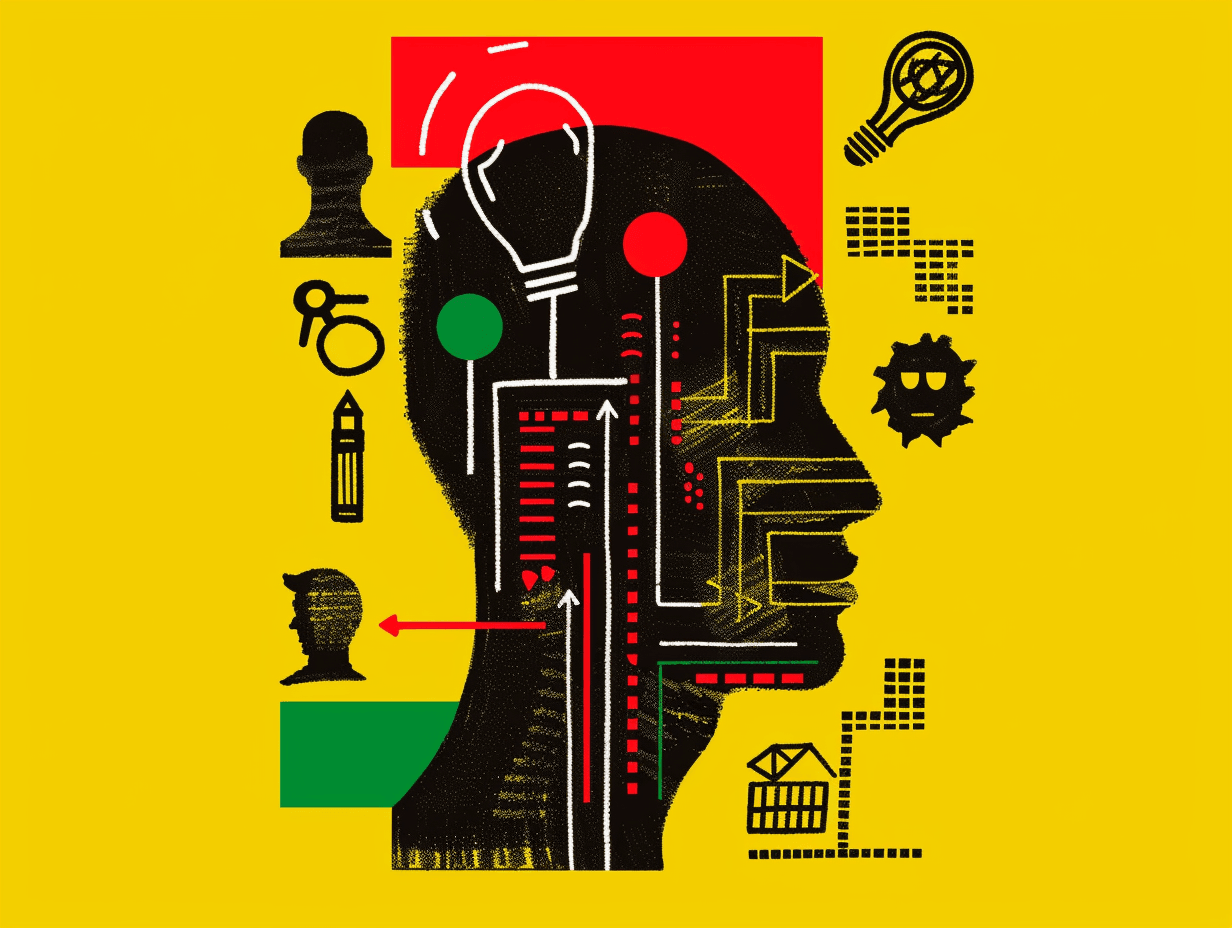 Abstract silhouette with gears and light bulb.