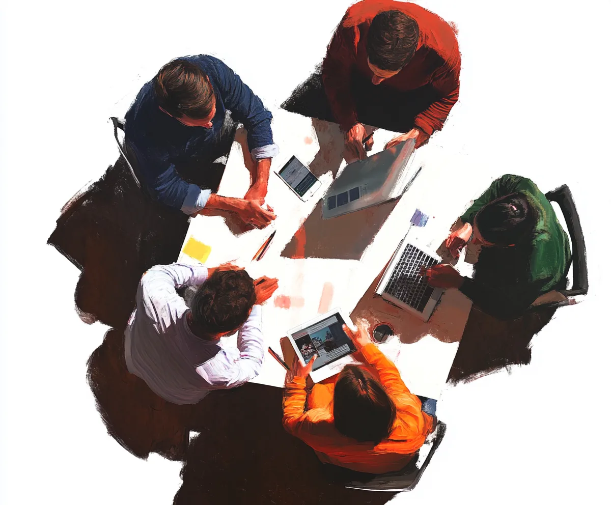 People collaborating at a round table with laptops.