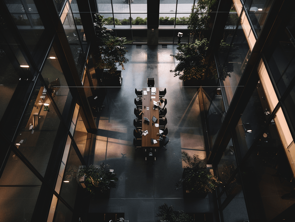 Modern office with large windows and conference table.