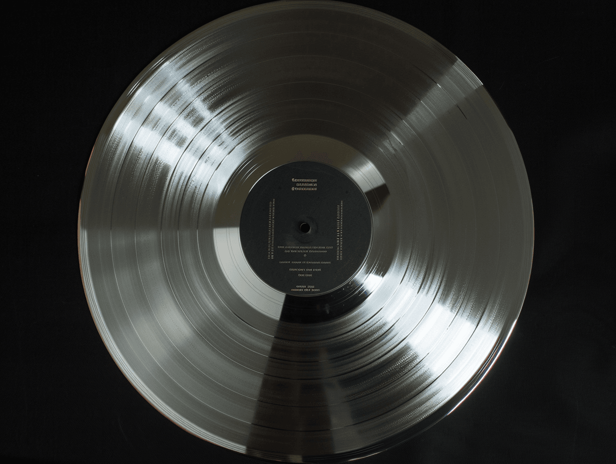 Close-up of transparent vinyl record on black background.