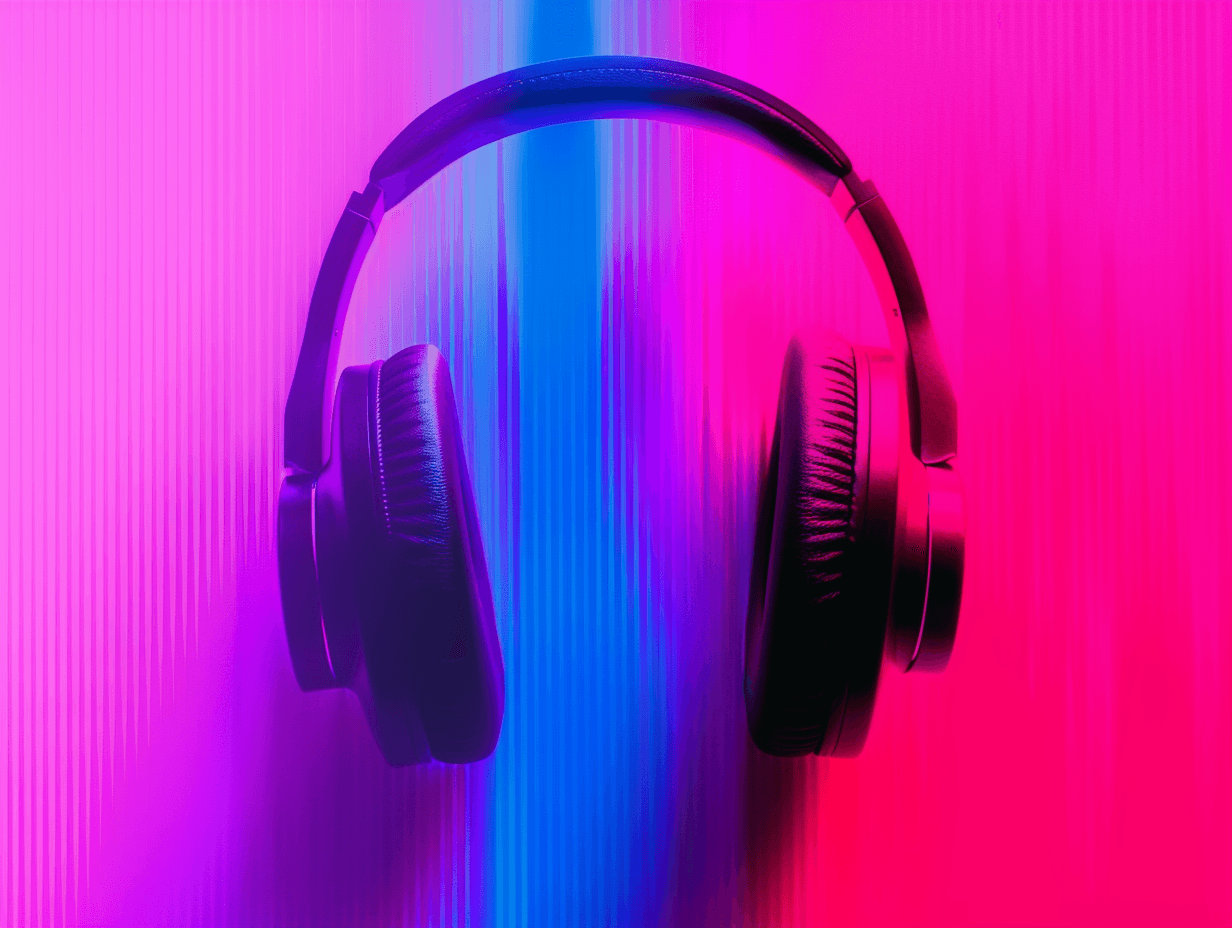 Headphones with vibrant pink and blue background.