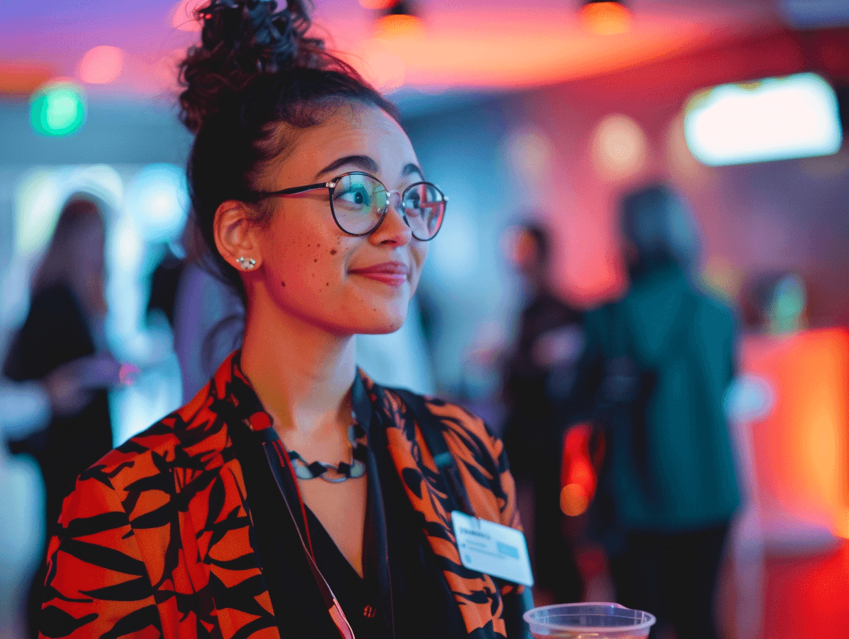 Person at networking event with colorful lighting.